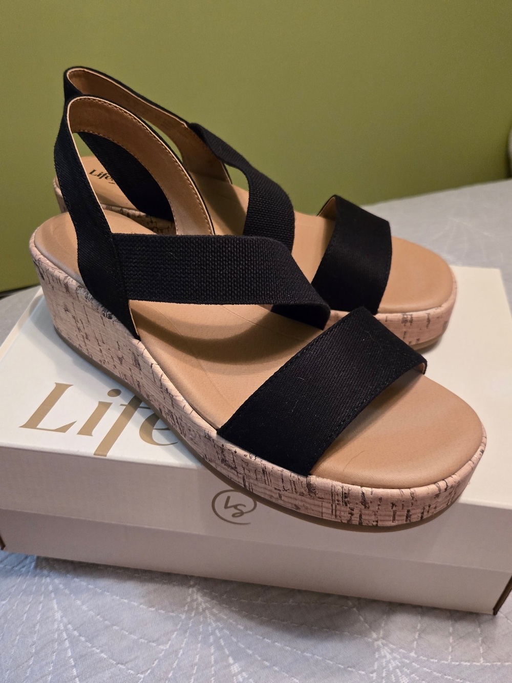 Life Stride Black Cork Wedge Slide Sandals 8.5M New In Box